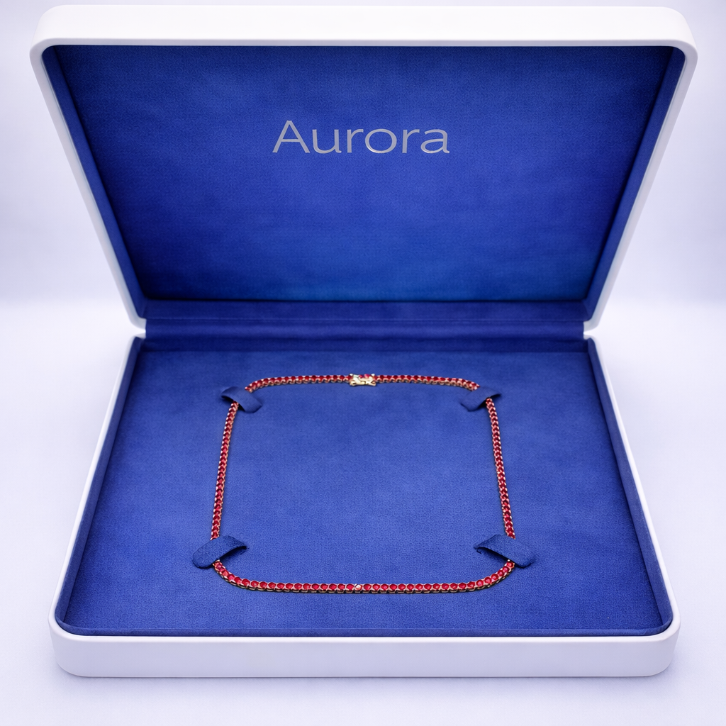 Gargantilla fina de tenis Aurora – Rubí de 2 mm | Oro amarillo de 14 quilates