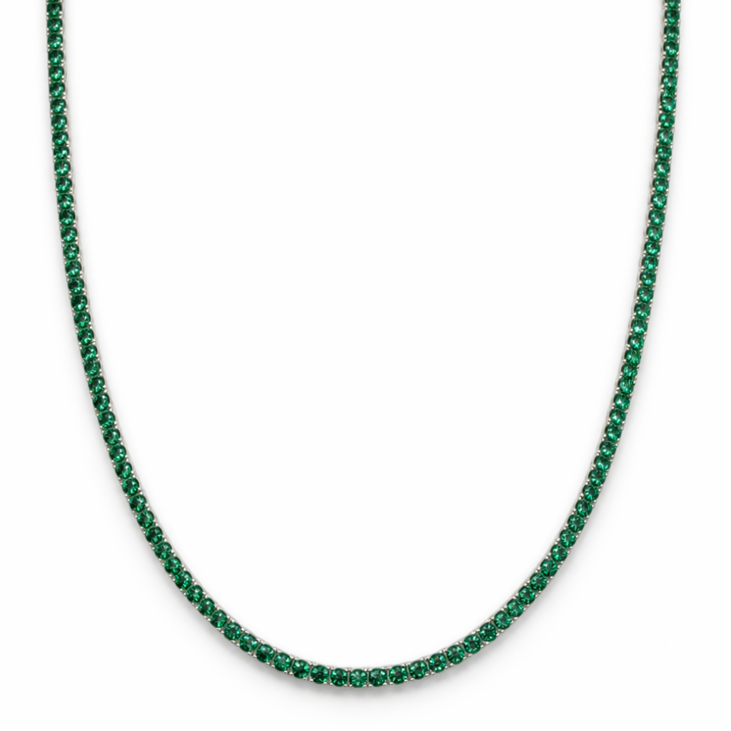 Collar Tenis Fino Aurora – Esmeralda de 2 mm | Plata de ley 925