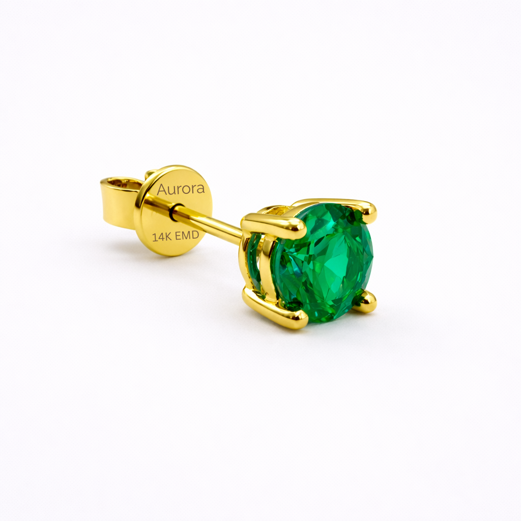 Aurora Fine Emerald Solitaire Stud Earrings – 5 mm | 14K Yellow Gold