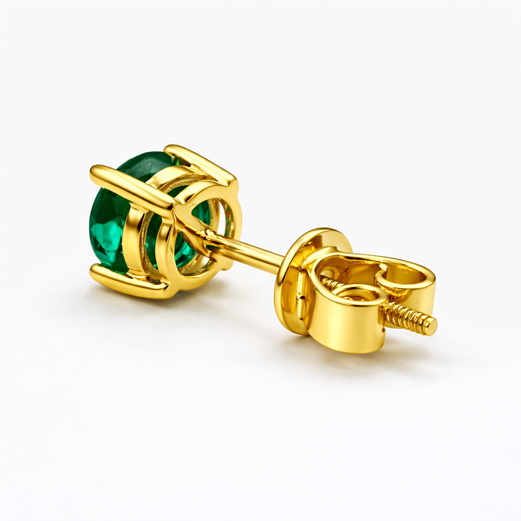 Aurora Signature Emerald Solitaire Stud Earrings – 6.5 mm | 14K Yellow Gold