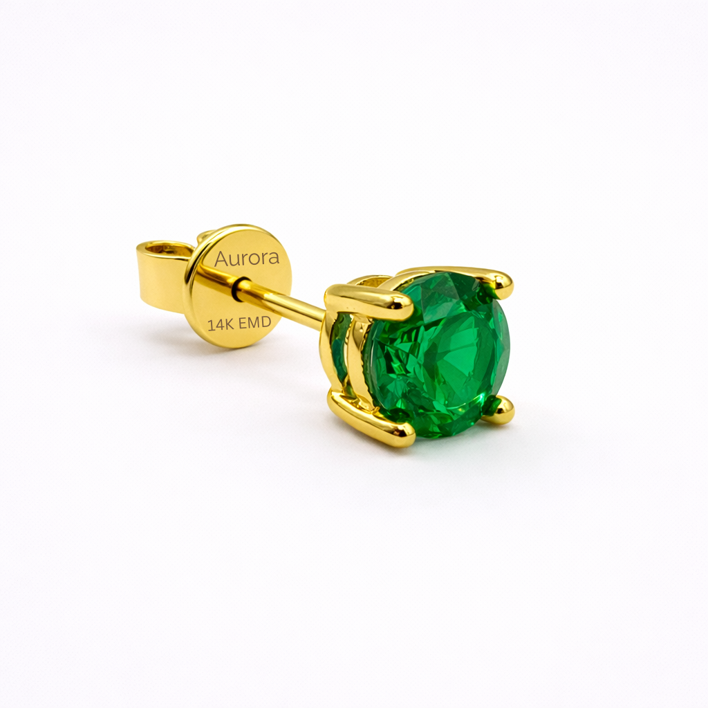 Aurora Signature Emerald Solitaire Stud Earrings – 6.5 mm | 14K Yellow Gold