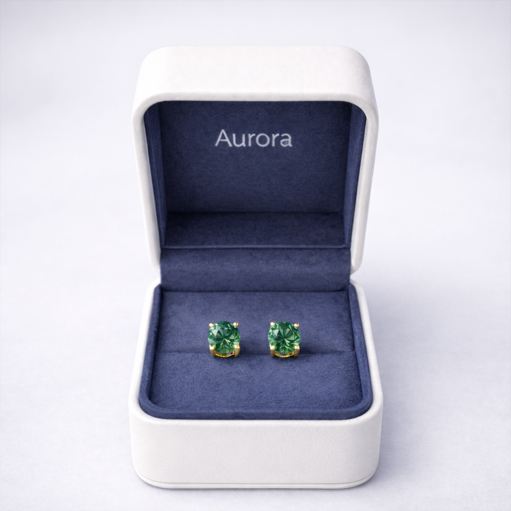 Aurora Signature Emerald Solitaire Stud Earrings – 6.5 mm | 14K Yellow Gold