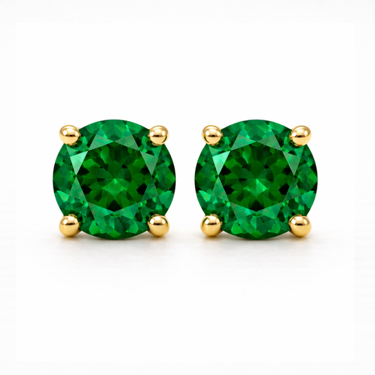 Aurora Signature Emerald Solitaire Stud Earrings – 6.5 mm | 14K Yellow Gold