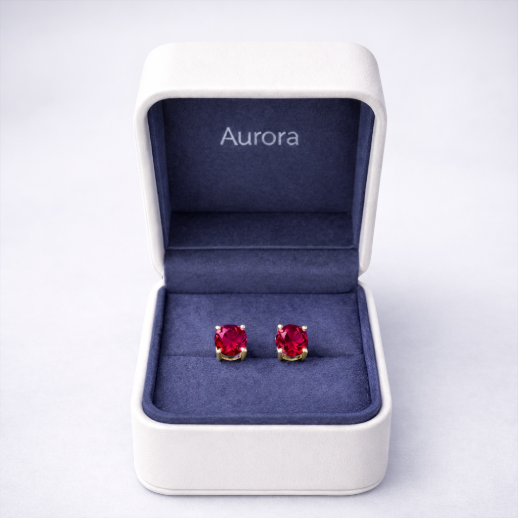 Aurora Signature Ruby Solitaire Stud Earrings – 6.5 mm | 14K Yellow Gold