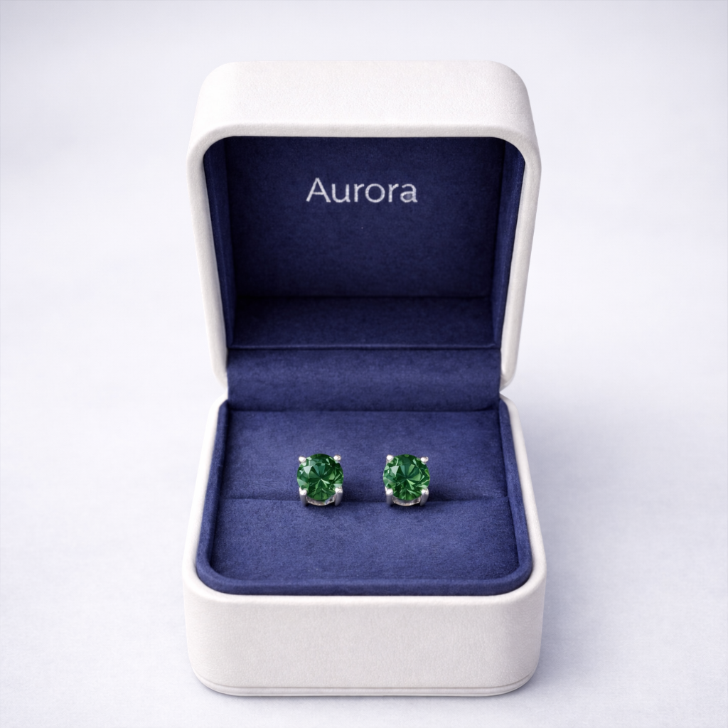 Aurora Signature Emerald Solitaire Stud Earrings – 6.5 mm | 925 Sterling Silver