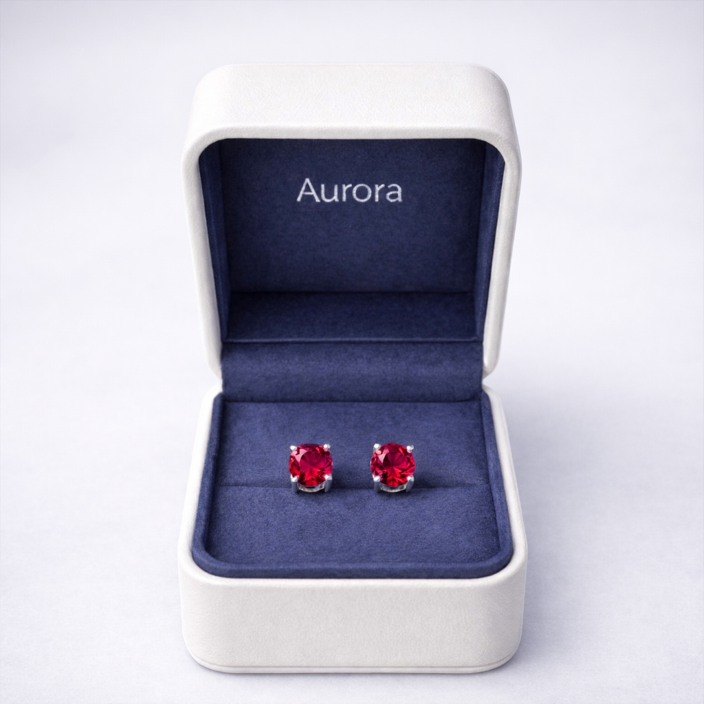Aurora Signature Ruby Solitaire Stud Earrings – 6.5 mm | 925 Sterling Silver