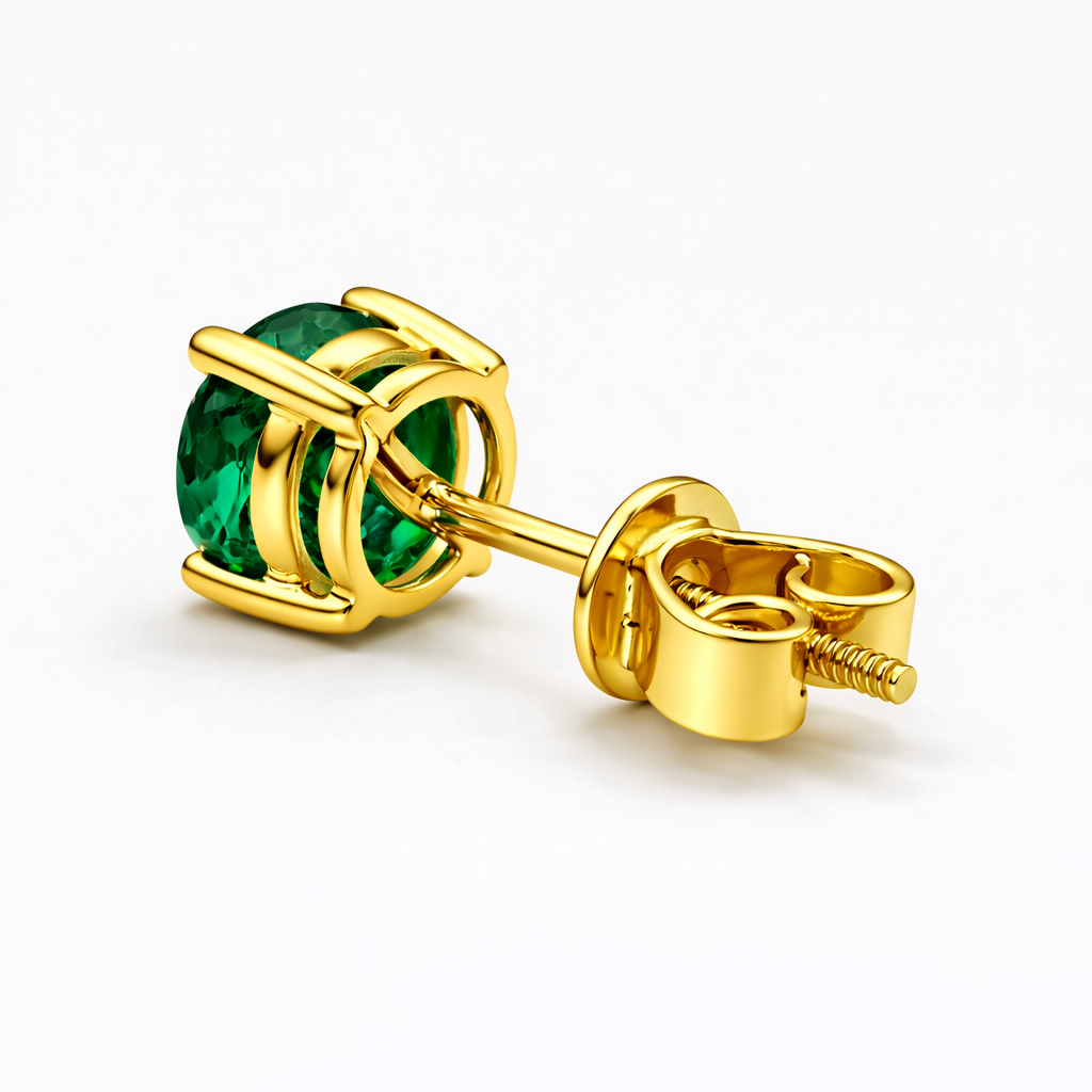 Aurora Statement Emerald Solitaire Stud Earrings – 7.5 mm | 14K Yellow Gold