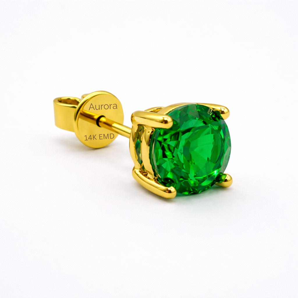 Aurora Statement Emerald Solitaire Stud Earrings – 7.5 mm | 14K Yellow Gold