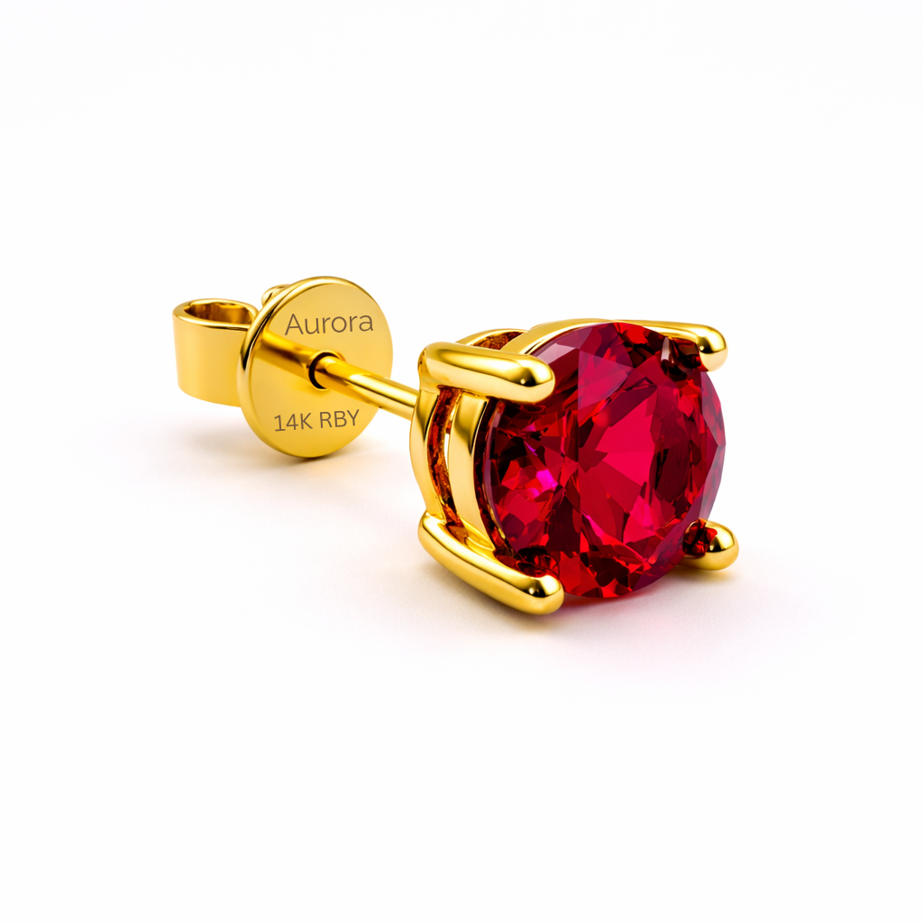 Aurora Statement Ruby Solitaire Stud Earrings – 7.5 mm | 14K Yellow Gold