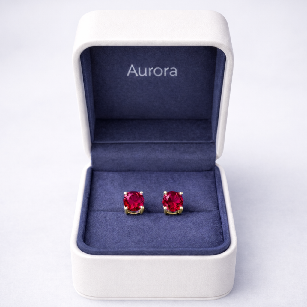Aurora Statement Ruby Solitaire Stud Earrings – 7.5 mm | 14K Yellow Gold