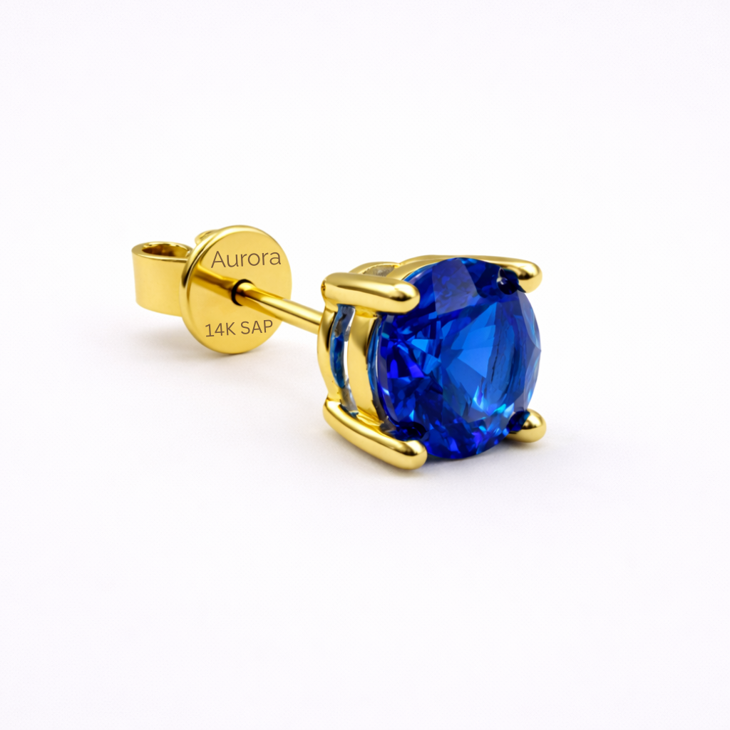 Aurora Statement Sapphire Solitaire Stud Earrings – 7.5 mm | 14K Yellow Gold