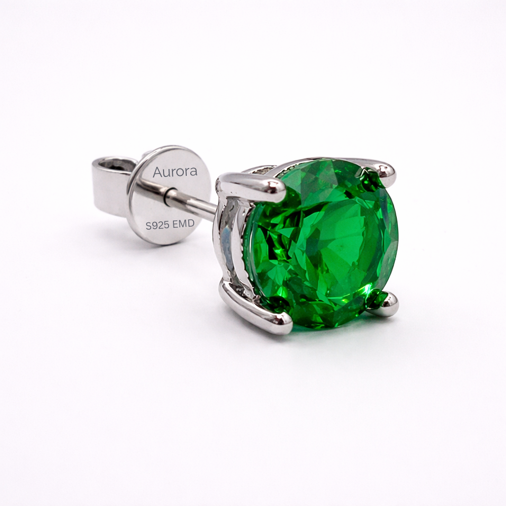 Aurora Statement Emerald Solitaire Stud Earrings – 7.5 mm | 925 Sterling Silver
