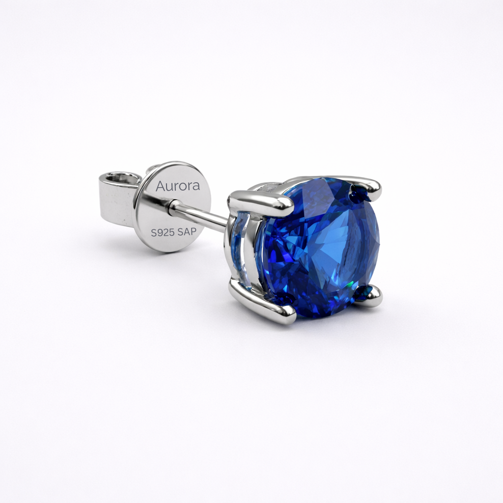 Aurora Statement Sapphire Solitaire Stud Earrings – 7.5 mm | 925 Sterling Silver